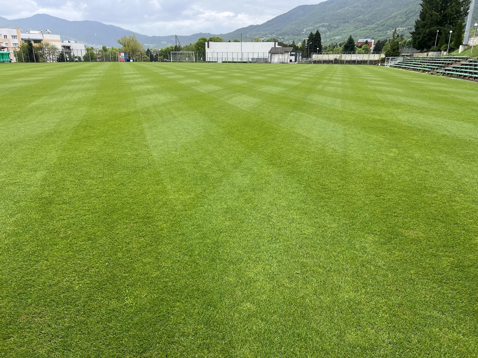 Football training pitch with mountain backdrop