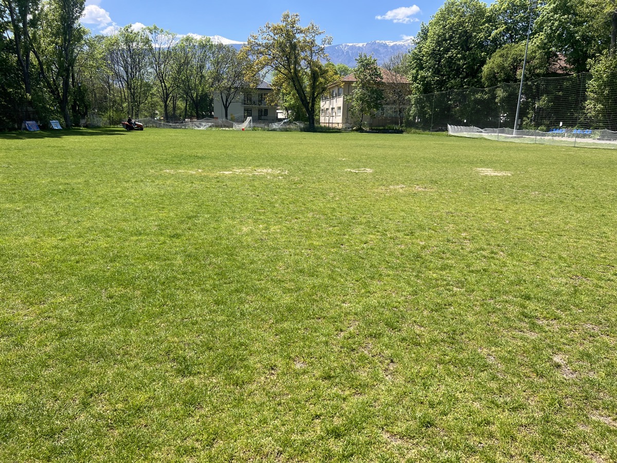 Sports field with thin, patchy turf — before